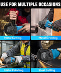 Heavy Duty Brushless Cordless Angle Grinder 4.5 Inch With Two Solid 4.0Ah Batteries 11000RPM in use for metal cutting and polishing.