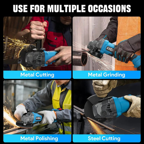 Heavy Duty Brushless Cordless Angle Grinder 4.5 Inch With Two Solid 4.0Ah Batteries 11000RPM in use for metal cutting and polishing.