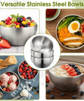 Heavy Duty Double Insulated Stainless Steel Mixing Bowls 12 Piece Bulk Set 24 Oz Matte Brushed Finish used for salads, desserts, and meals.