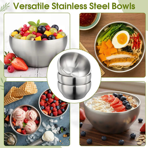 Heavy Duty Double Insulated Stainless Steel Mixing Bowls 12 Piece Bulk Set 24 Oz Matte Brushed Finish used for salads, desserts, and meals.