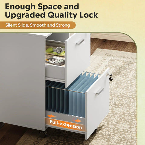 Kick Your Desk Setup Up A Notch With This Slick White Two Drawer File Cabinet Featuring Top Tier Locks And Smooth Casters That Double As A Mobile Printer Stand For A Straight Fire Home Office Vibe No Matter What, showing full-extension drawer.