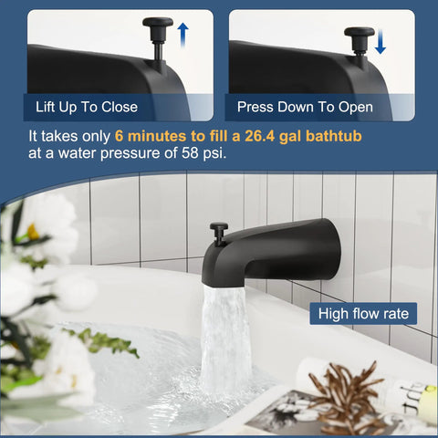 Matte Black Tub And Shower Faucet Set With 8 Inch All Metal Rainfall Showerhead Tub Spout And Single Handle Trim Kit Included Valve For A Modern Bath Upgrade showing high flow tub spout in use