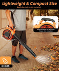 Person using Beast Mode Heavy Duty Handheld Gas Leaf Blower Two Stroke 750W 25.4cc on a sidewalk with leaves