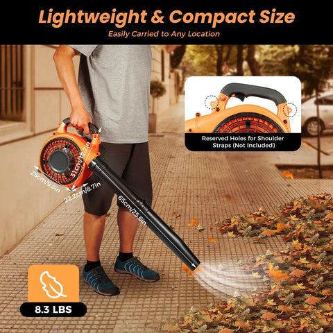 Person using Beast Mode Heavy Duty Handheld Gas Leaf Blower Two Stroke 750W 25.4cc on a sidewalk with leaves