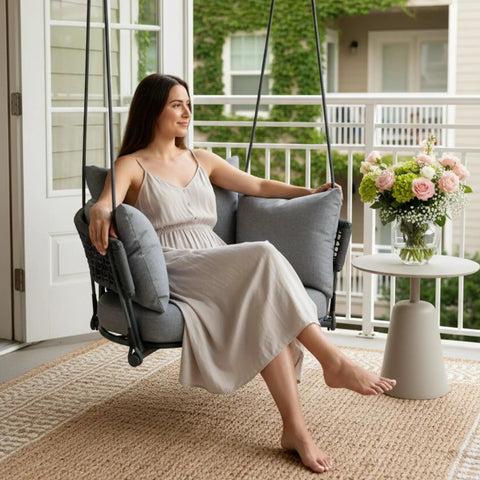Single Seater Porch Swing Chair With 106 Inch Adjustable Rope For Height Boho Macrame Hanging Hammock Chair For Outdoor Patio