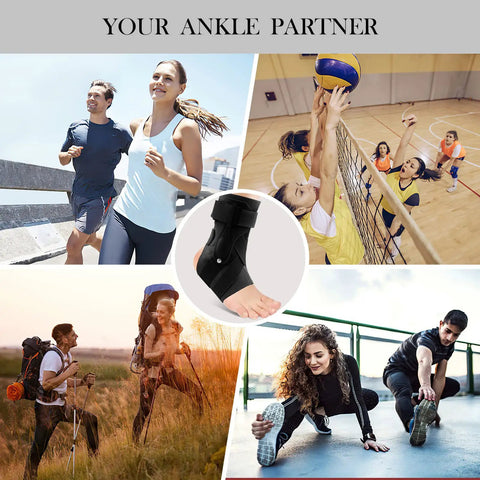 Collage of athletes using Ankle Support Brace For Sprains And Recovery For Men And Women Breathable Neoprene Ankle Wrap XL Size