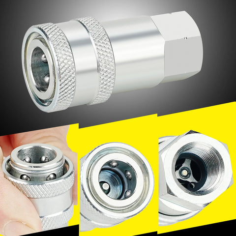 ANCIMOON 1/4'' Ag ISO 5675 poppet hydraulic quick-connect coupler with dust caps; knurled silver aluminum body.