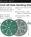 Image showing 6-Inch 49-Hole 220 Grit Hook And Loop Sanding Discs for Random Orbital Sanders, Festool compatible, 50-pack box.