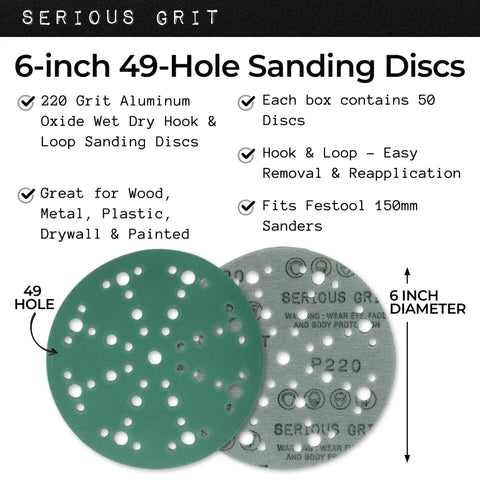 Image showing 6-Inch 49-Hole 220 Grit Hook And Loop Sanding Discs for Random Orbital Sanders, Festool compatible, 50-pack box.