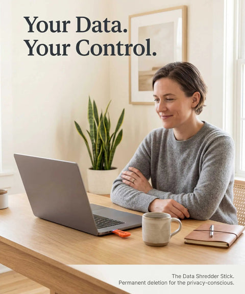 Woman with laptop using Data Wipe Tool For Windows That Permanently Erases Files And Wipes Drives With Military Grade Precision Overwriting Every Bit Of Unallocated Space So Your Data Is Truly Gone And Irrevocable USB stick.