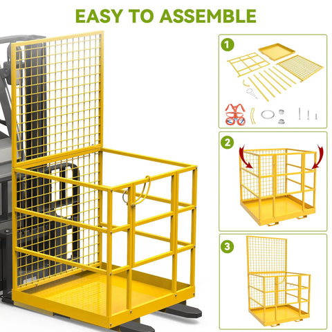 Built Like A Tank 45 By 43 Forklift Safety Cage 1400 Lb Weight Capacity showing easy assembly steps for secure work platform.