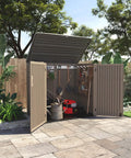 Weatherproof Outdoor Storage Shed Cabinet 48 Cu Ft Extra Large for Bike Lawn Mower Garbage Cans and Garden Gear open displaying tools