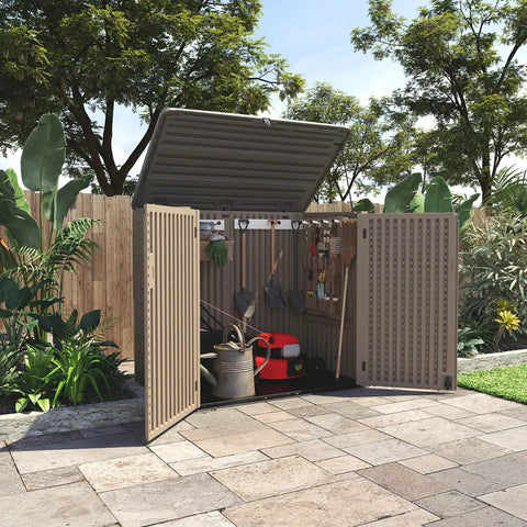 Weatherproof Outdoor Storage Shed Cabinet 48 Cu Ft Extra Large for Bike Lawn Mower Garbage Cans and Garden Gear open displaying tools