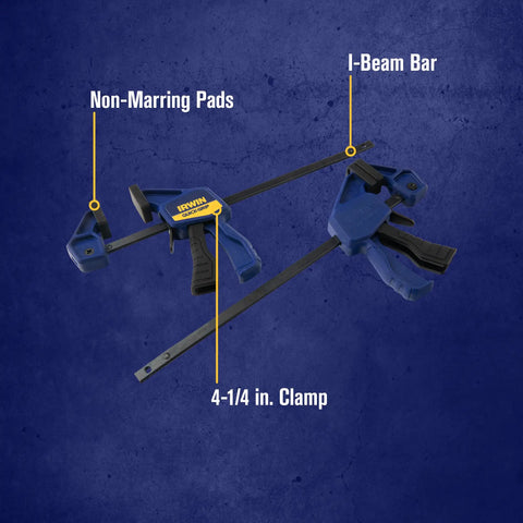 Heavy Duty Four Piece Clamp Set With Two Four And A Half Inch Bar Clamps And Two Two Inch Handi Clamps showing non-marring pads