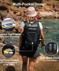 Person wearing a Backpack Cooler Insulated Leakproof Fits 33 Cans With Dual Insulated Compartments Portable Lightweight on a rocky beach.