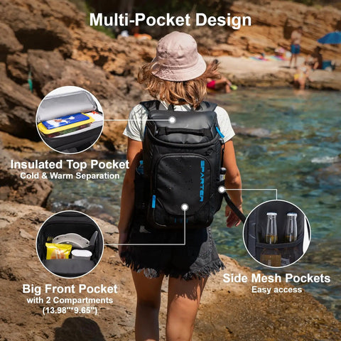 Person wearing a Backpack Cooler Insulated Leakproof Fits 33 Cans With Dual Insulated Compartments Portable Lightweight on a rocky beach.