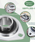 1 Inch Bore Pillow Block Bearing Kit With 304 Stainless Steel Housing And Wrench, Rust Resistant Flange Mount, Set Screw Lock For Secure Shaft Fit, Ideal For Industrial Machines And Conveyors; pressed steel 2-bolt flange