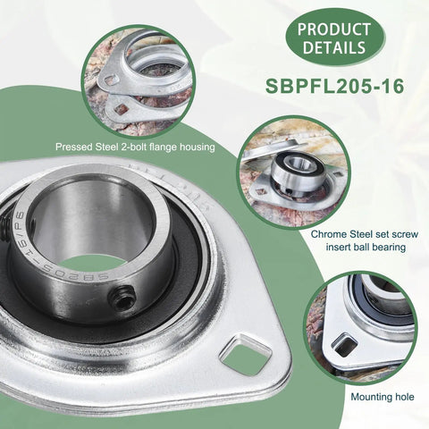 1 Inch Bore Pillow Block Bearing Kit With 304 Stainless Steel Housing And Wrench, Rust Resistant Flange Mount, Set Screw Lock For Secure Shaft Fit, Ideal For Industrial Machines And Conveyors; pressed steel 2-bolt flange