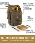 Straight Up Insulated Wine Bag With Matching Cheese Board And Sharp Corkscrew Opener Waxed Canvas Cooler Tote For Two Bottles with pockets and insulated sections.
