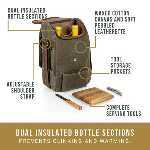 Straight Up Insulated Wine Bag With Matching Cheese Board And Sharp Corkscrew Opener Waxed Canvas Cooler Tote For Two Bottles with pockets and insulated sections.