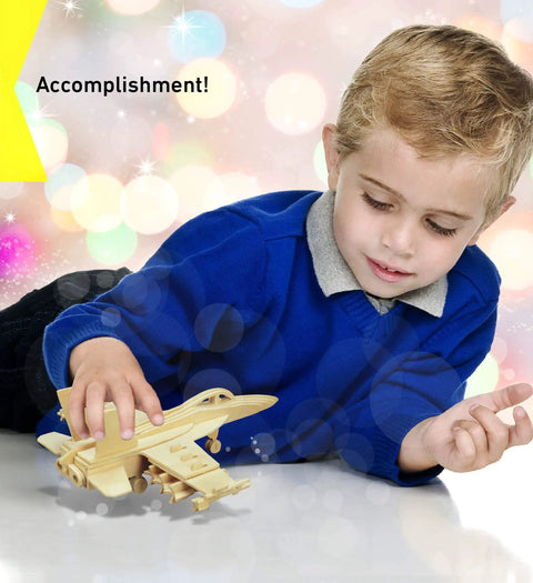 Child playing with F18 Hornet 3D Puzzle Airplane Model Kit For Kids And Adults Wood Building Craft With 47 Pieces Paint Assemble Educational Flight Model Realistic Fighter Jet Design Perfect Hands On Project For STEM Fun