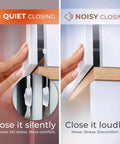 Image comparing Quiet and Noisy closing of cabinet doors using Clear Self Adhesive Cabinet Door Bumpers 128 Pack Heavy Duty Rubber Pads.