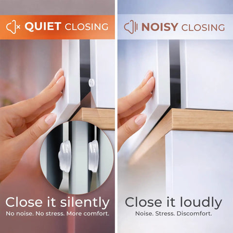 Image comparing Quiet and Noisy closing of cabinet doors using Clear Self Adhesive Cabinet Door Bumpers 128 Pack Heavy Duty Rubber Pads.