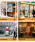 Straight Fire 65 Inch Storefront Digital Signage Display, used in travel agency, pharmacy, car dealership, and restaurant.