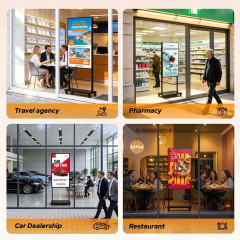 Straight Fire 65 Inch Storefront Digital Signage Display, used in travel agency, pharmacy, car dealership, and restaurant.