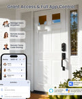 Smart Fingerprint Front Door Lock Set with App Control on a white door, showcasing keypad and lever handle in matte black finish.