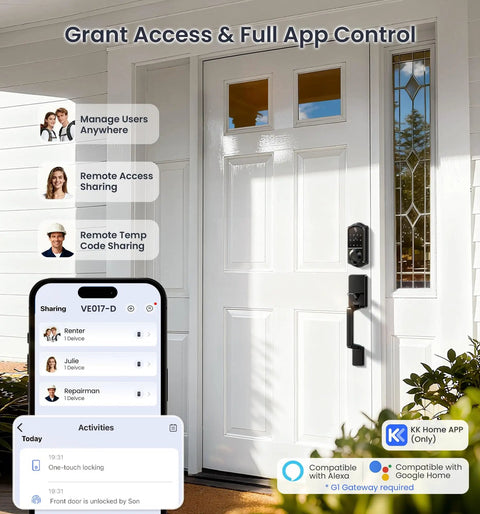 Smart Fingerprint Front Door Lock Set with App Control on a white door, showcasing keypad and lever handle in matte black finish.