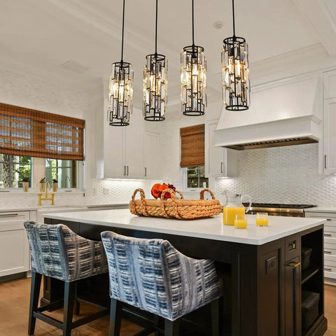 Four Light Black Crystal Pendant Lights with Adjustable Dope Modern Mini Island Chandeliers in kitchen setting over island