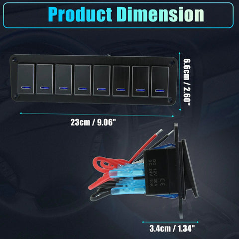 Eight Gang Rocker Switch Panel With Three Pin On Off Prewired Toggle Control Waterproof Aluminum Alloy Panel Blue LED Light