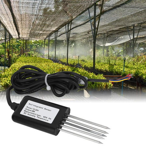 7 In 1 Soil Tester With 5 Pin PH NPK Temperature Humidity EC Sensor displayed against a greenhouse background