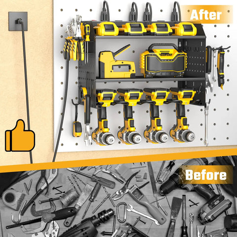 Power Tool Organizer Wall Mount With 3 Layer Charging Station 6 Outlets 4 Drill Holders And Drill Bit Rack Hooks And Adjustable Shelves For Garage Workbench And Workshop Keep Tools Neat Charged And Within Reach installed on wall