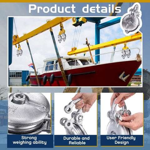 Heavy Duty Snatch Block Pulley With Shackle And Pin, 4.5 Ton Capacity, 5 Inch Sheave, Silver Finish, Wire Rope Cable Pulley For Rigging, Lifting, Towing, Off Road, Marine Use, shown on boat lift