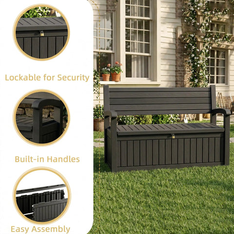 Built Tough Outdoor Storage Bench With 80 Gallon Lockable Waterproof Storage Chest For Patio Garden And Porch shown outdoors