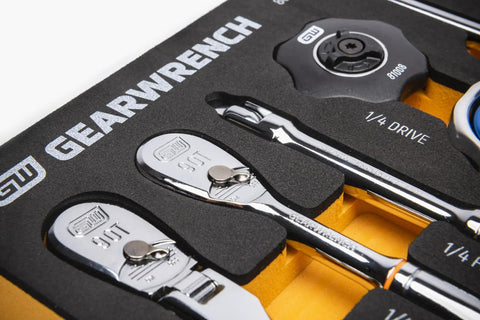 18 Piece 1/4 Inch 90-Tooth Ratchet And Drive Tool Set With EVA Foam Tray, Chrome Finish, Knurled Extension Bars
