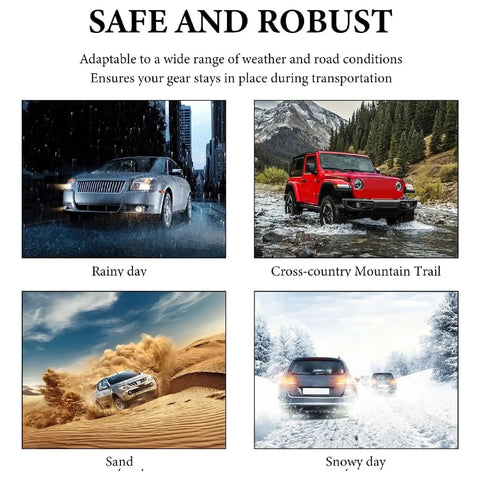 Heavy Duty Stainless Steel T Slot Tie Down Anchors For Roof Racks, 4 Pack M8 Ring Eye Bolts And T Bolts Eye Nuts For Securing Bungee Cords, Ropes, And Hooks On Any Rack, Weatherproof Black, shown with cars in rain, snow, sand, and mountain trail