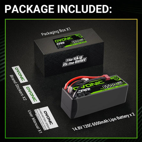 Package of 4S 14.8V 6500mAh RC LiPo Battery 120C With T Plug Deans Connector For RC Cars Trucks Boats Planes Drones Helicopters And FPV Hobbyists Pack Of 2.