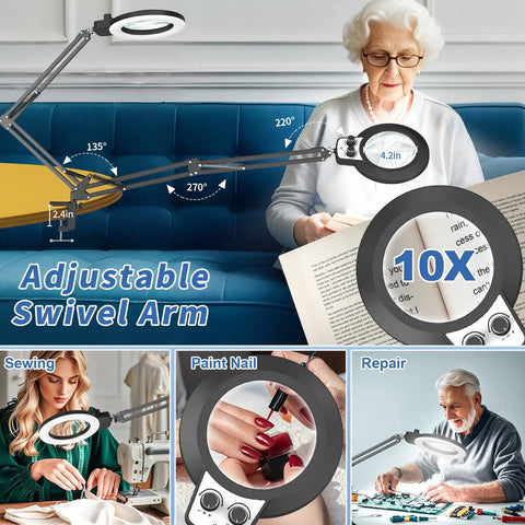 2 In 1 LED Magnifier With Light Desk Lamp Clamp Stand For Crafting And Soldering, showing adjustable arm and 10x magnification