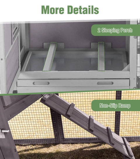 Mobile Chicken Coop With Run Wheels And Waterproof Cover interior showing sleeping perches and non-slip ramp for poultry access