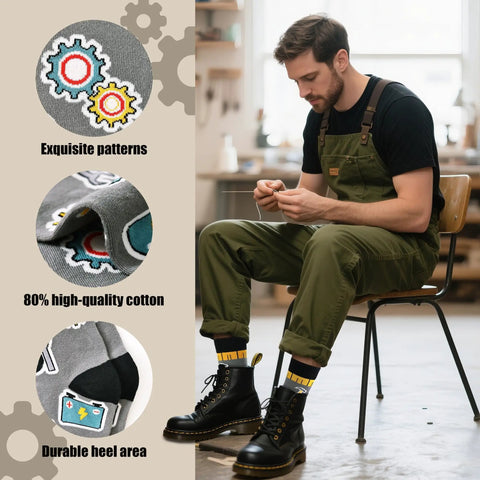 Man in overalls wearing Three Pack Mechanical Engineering Socks Gift Set For Gearhead Men And Techy Dads with gear prints
