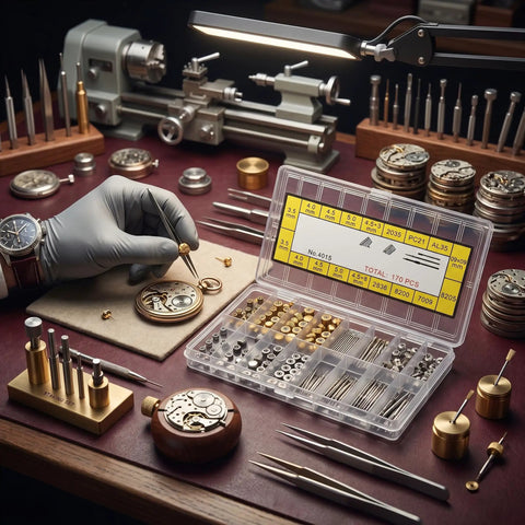 Watchmaker using Stainless Steel Watch Stem Extender And Crowns Repair Kit With Box For Watch Makers And Repair Pros Durable Parts For Quick Easy Repairs And Long Lasting Performance