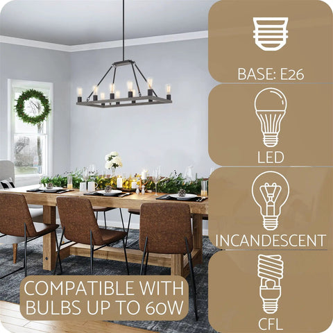 Farmhouse Kitchen Island Light With Ten Lights Rectangular Tapered Open Frame In Gray Oak Finish Rustic Modern Pendant Fixture For Big Kitchen Islands Industrial Style Chandelier That Brings Warm Bright Glow over a dining table.