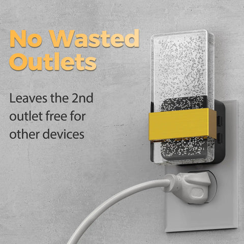 Plug In Night Lights 4 Pack With Dusk To Dawn Sensor, single light plugged, leaving outlet free, close-up view