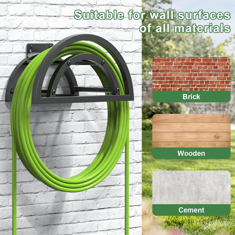 Heavy Duty Outdoor Hose Holder Wall Mount for 125Ft Hose, Detachable Reel Storage Organizer on white brick wall
