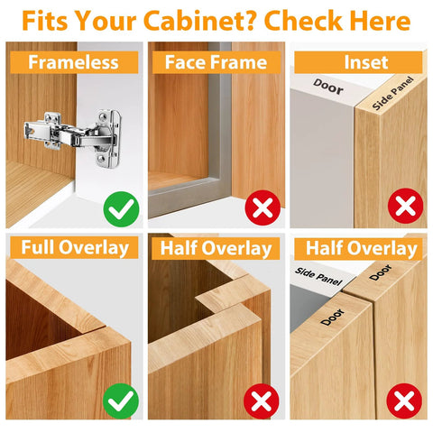 TamBee 175° hinges collage for cabinet doors; shows frameless, face-frame, inset, and full/half overlay installations.