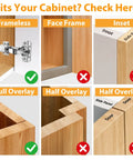 Visual guide for 175 Degree Frameless Cabinet Door Hinges With 48mm Concealed Cup Hydraulic Soft Close Adjustable Dampers Nickel Plated Steel illustrating fit types for different cabinet styles, focusing on frameless compatibility for corner cabinets.