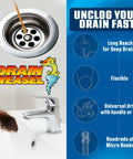 Kick Stubborn Sink Clogs Fast With This Heavy Duty Flexible Drain Snake featuring a drain being cleaned and sink faucet.